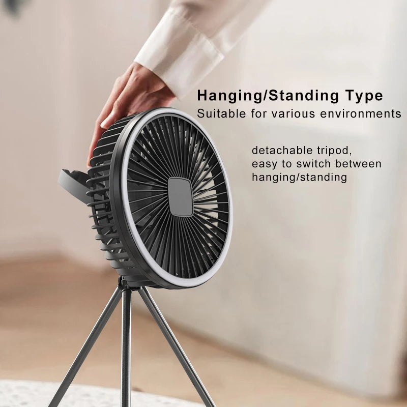 Portable Camping Fan 10000mAh USB-C Rechargeable – LED Light, Ceiling & Desk Fan for Tent Outdoor Travel