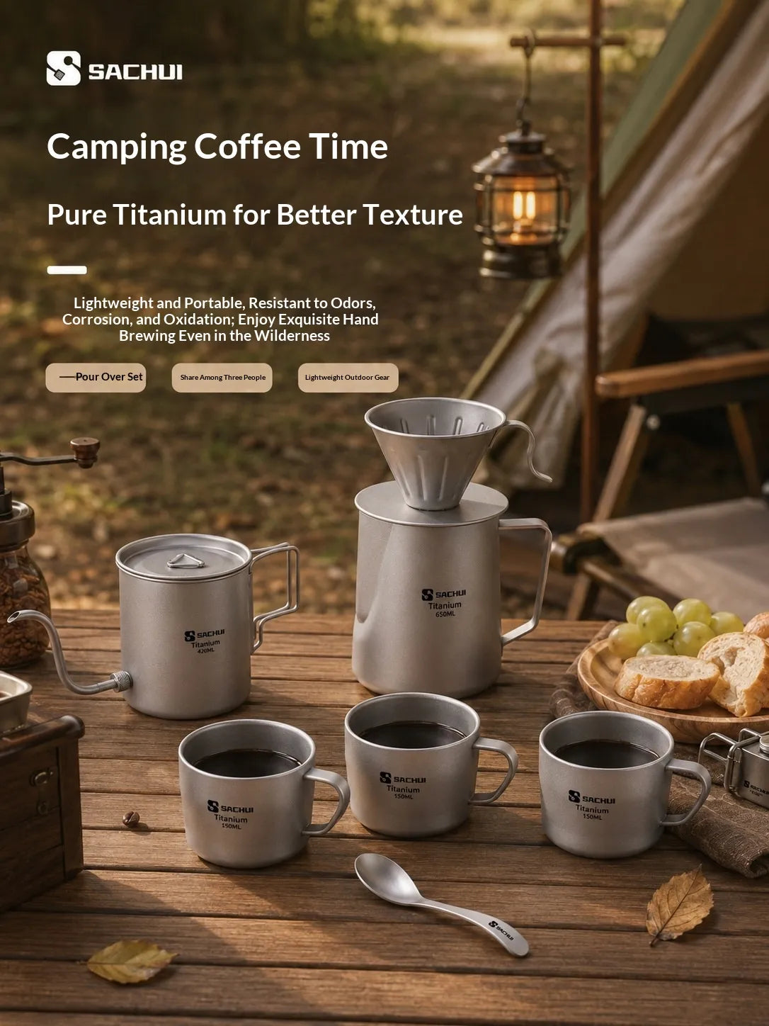 Pure Titanium Hand Pour Coffee Set | Outdoor Camping Gift for 3