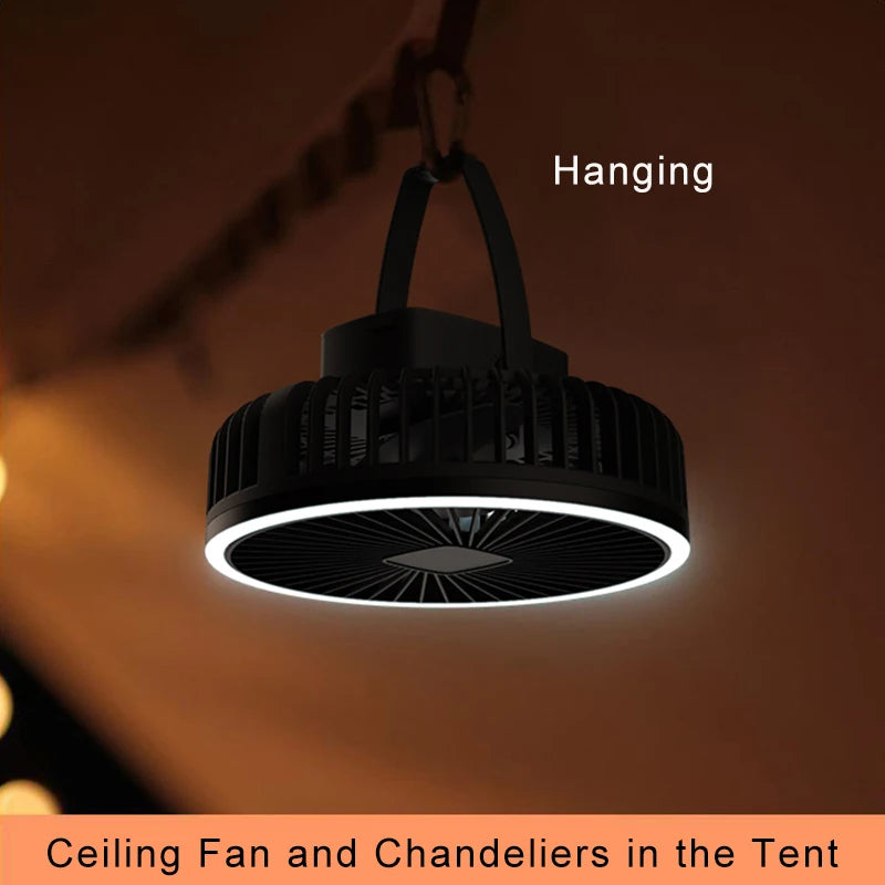 Portable Camping Fan 10000mAh USB-C Rechargeable – LED Light, Ceiling & Desk Fan for Tent Outdoor Travel