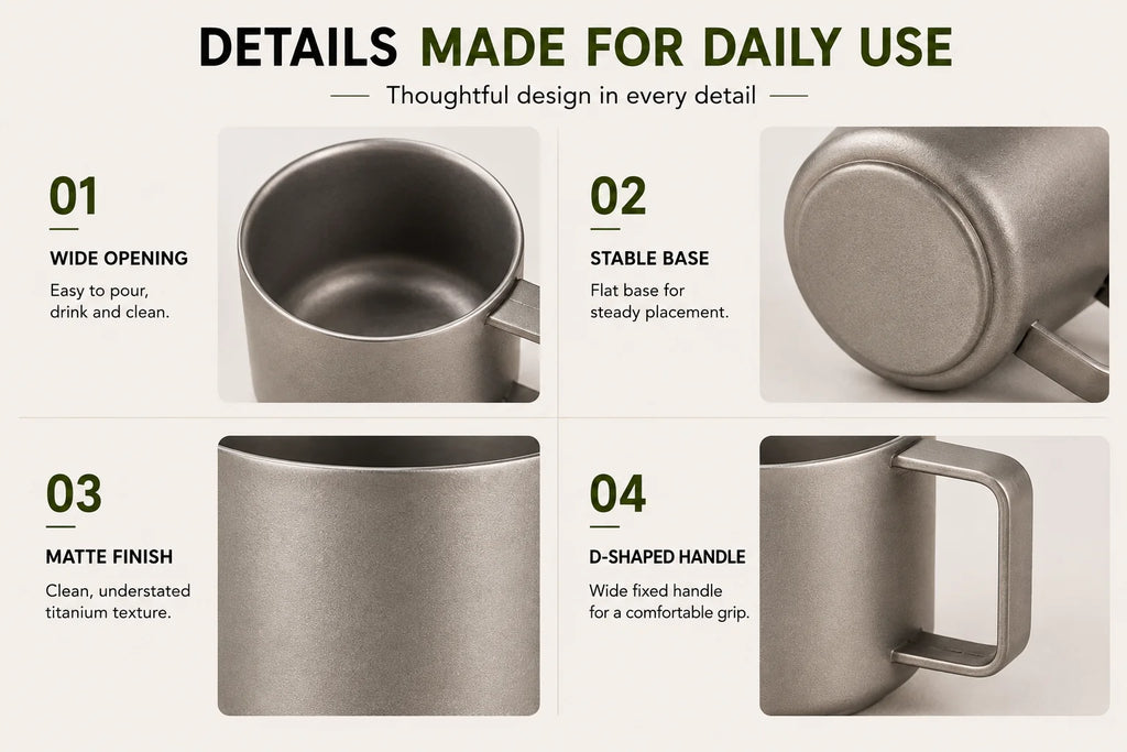 Pure Titanium Double-Wall Cup Set, 100ml & 220ml Lightweight Coffee Tea Mugs with Handles