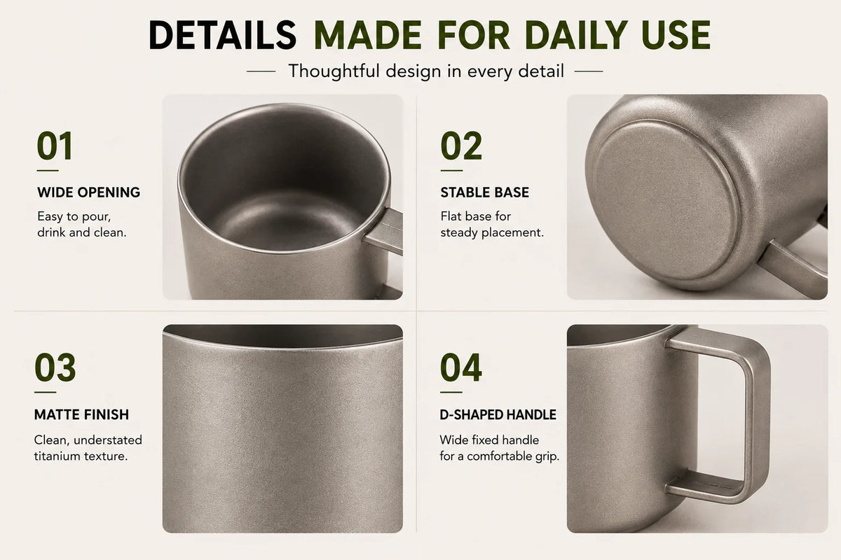 Pure Titanium Double-Wall Cup Set, 100ml & 220ml Lightweight Coffee Tea Mugs with Handles