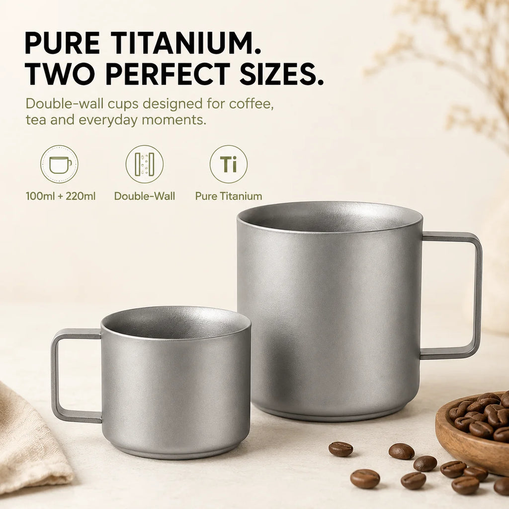 Pure Titanium Double-Wall Cup Set, 100ml & 220ml Lightweight Coffee Tea Mugs with Handles