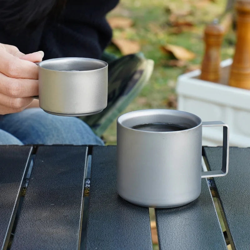 Pure Titanium Double-Wall Cup Set, 100ml & 220ml Lightweight Coffee Tea Mugs with Handles
