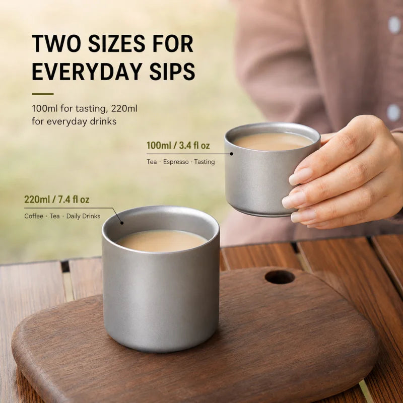 Pure Titanium Double-Wall Cup Set, 100ml & 220ml Coffee and Tea Cups