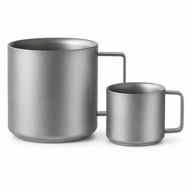 Pure Titanium Double-Wall Cup Set, 100ml & 220ml Lightweight Coffee Tea Mugs with Handles