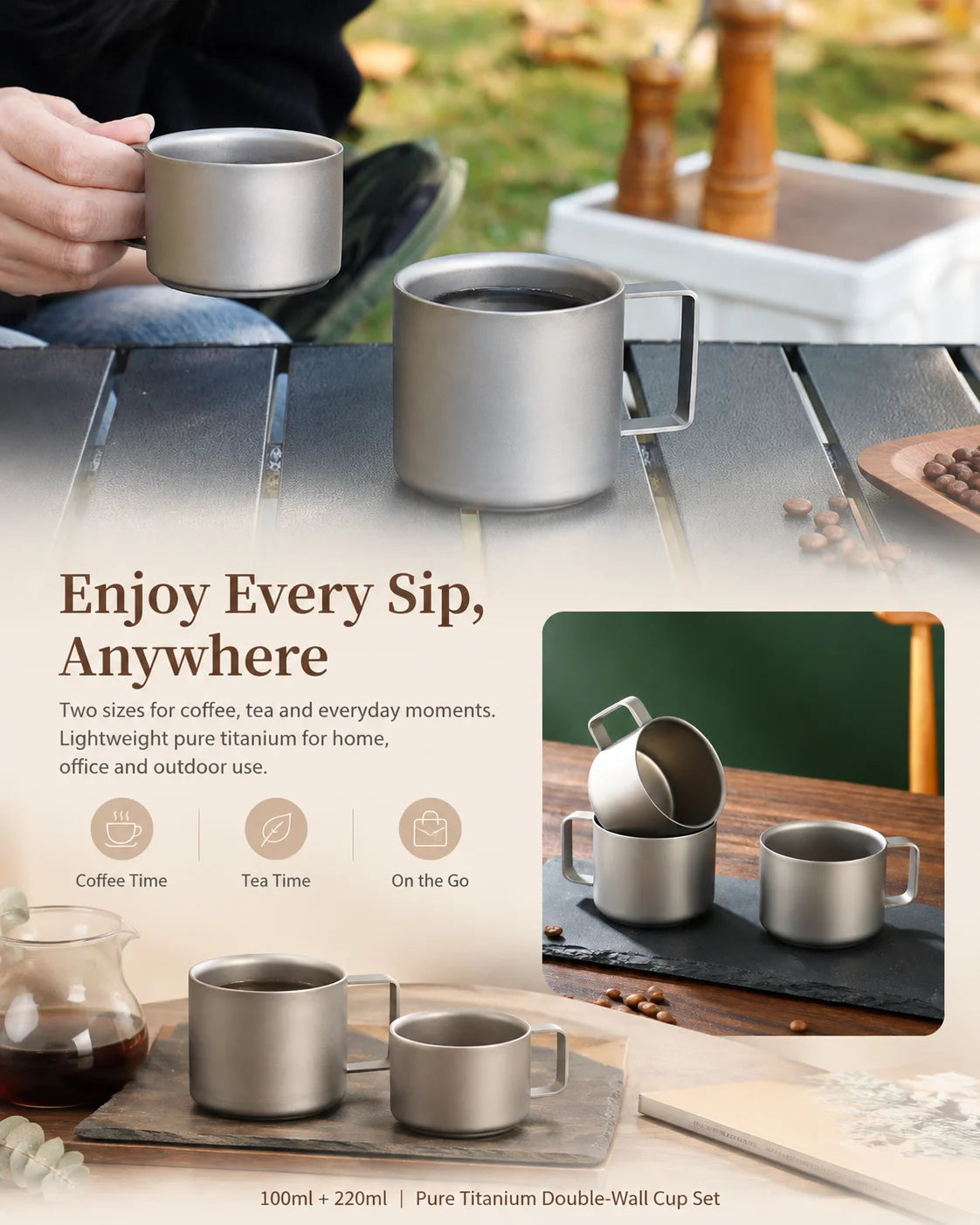 Pure Titanium Double-Wall Cup Set, 100ml & 220ml Lightweight Coffee Tea Mugs with Handles