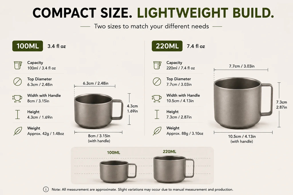 Pure Titanium Double-Wall Cup Set, 100ml & 220ml Lightweight Coffee Tea Mugs with Handles