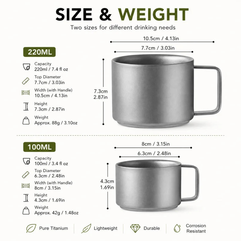 Pure Titanium Double-Wall Cup Set, 100ml & 220ml Lightweight Coffee Tea Mugs with Handles