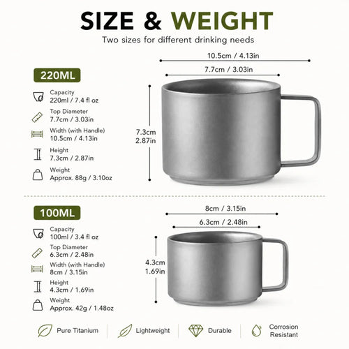 Pure Titanium Double-Wall Cup Set with Handles – 100ml & 220ml
