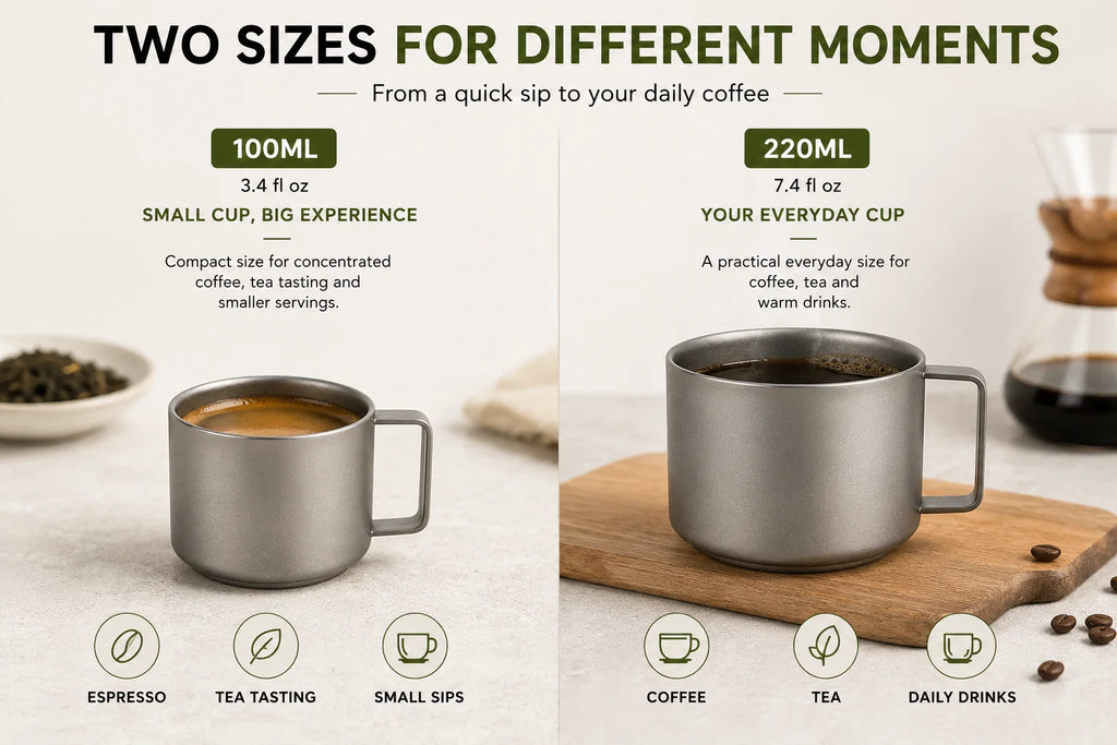 Pure Titanium Double-Wall Cup Set, 100ml & 220ml Lightweight Coffee Tea Mugs with Handles