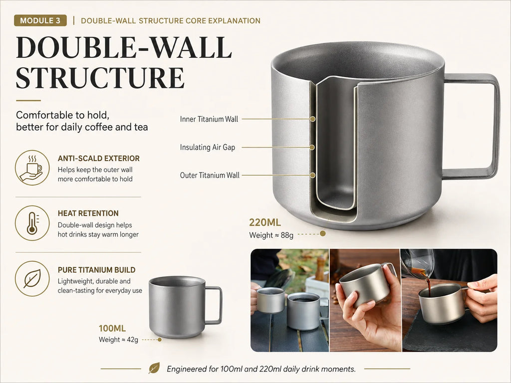 Pure Titanium Double-Wall Cup Set, 100ml & 220ml Lightweight Coffee Tea Mugs with Handles