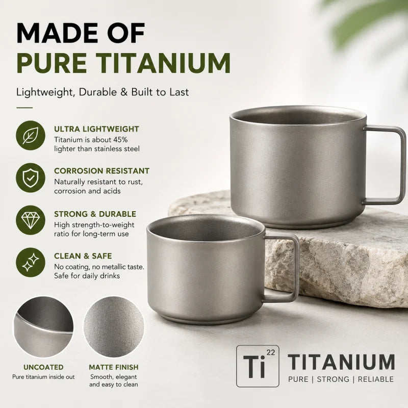 Pure Titanium Double-Wall Cup Set, 100ml & 220ml Lightweight Coffee Tea Mugs with Handles