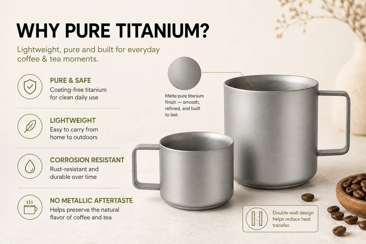 Pure Titanium Double-Wall Cup Set, 100ml & 220ml Lightweight Coffee Tea Mugs with Handles