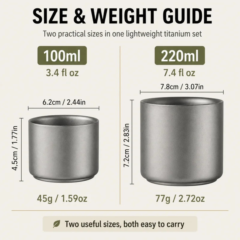 Pure Titanium Double-Wall Cup Set, 100ml & 220ml Coffee and Tea Cups