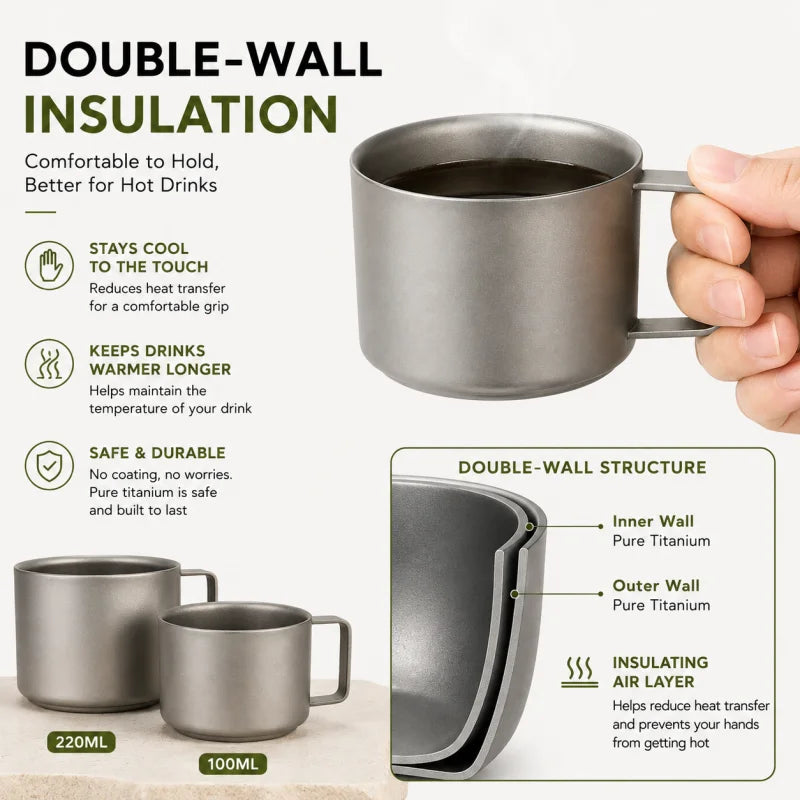 Pure Titanium Double-Wall Cup Set, 100ml & 220ml Lightweight Coffee Tea Mugs with Handles