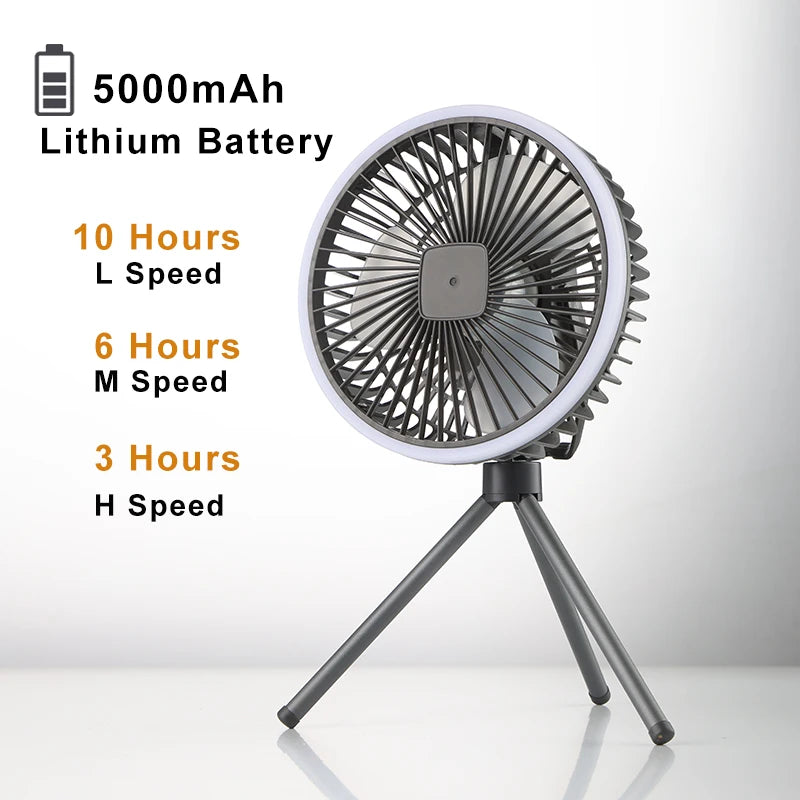 Portable Camping Fan 10000mAh USB-C Rechargeable – LED Light, Ceiling & Desk Fan for Tent Outdoor Travel