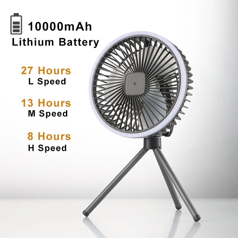Portable Camping Fan 10000mAh USB-C Rechargeable – LED Light, Ceiling & Desk Fan for Tent Outdoor Travel