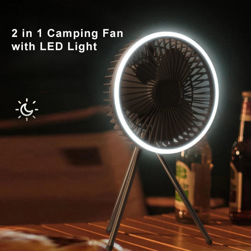 Portable Camping Fan 10000mAh USB-C Rechargeable – LED Light, Ceiling & Desk Fan for Tent Outdoor Travel