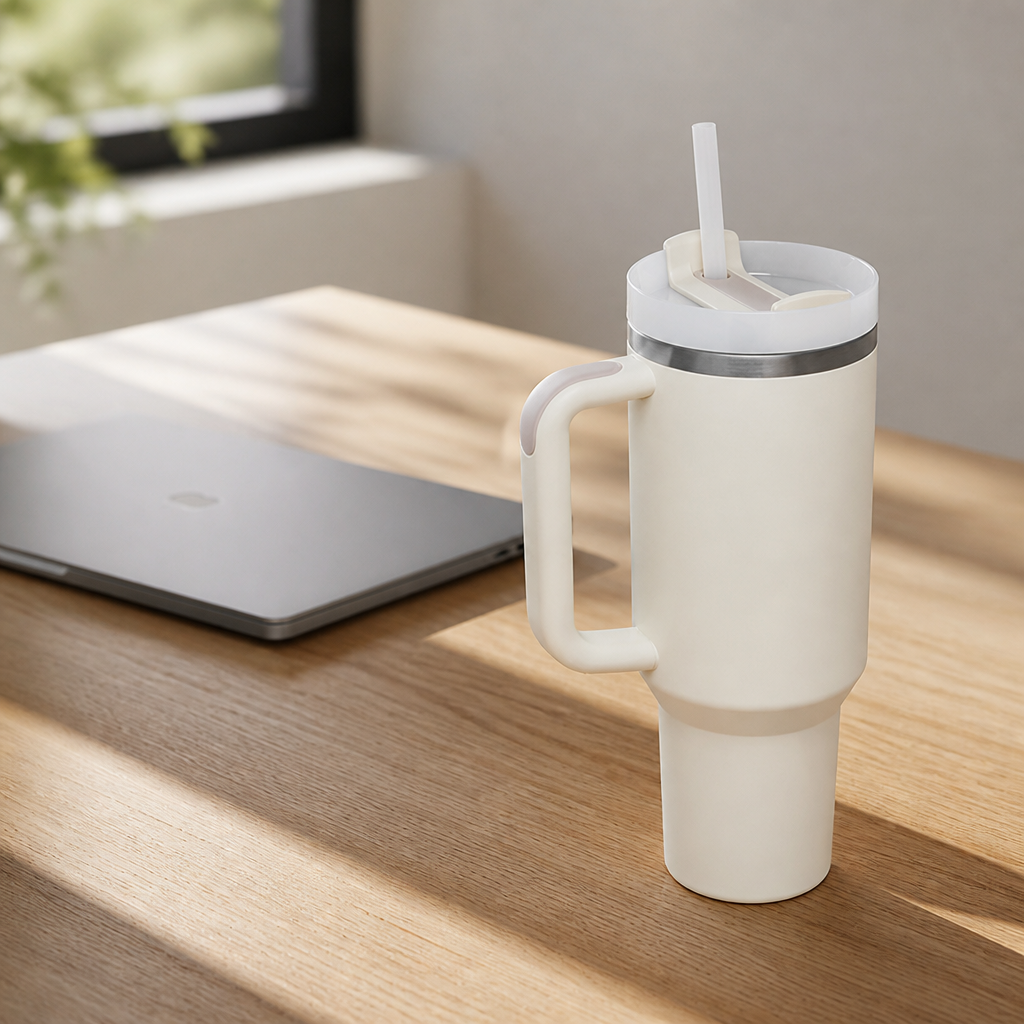 Stainless Steel Tumbler – 40oz with Handle & Straw