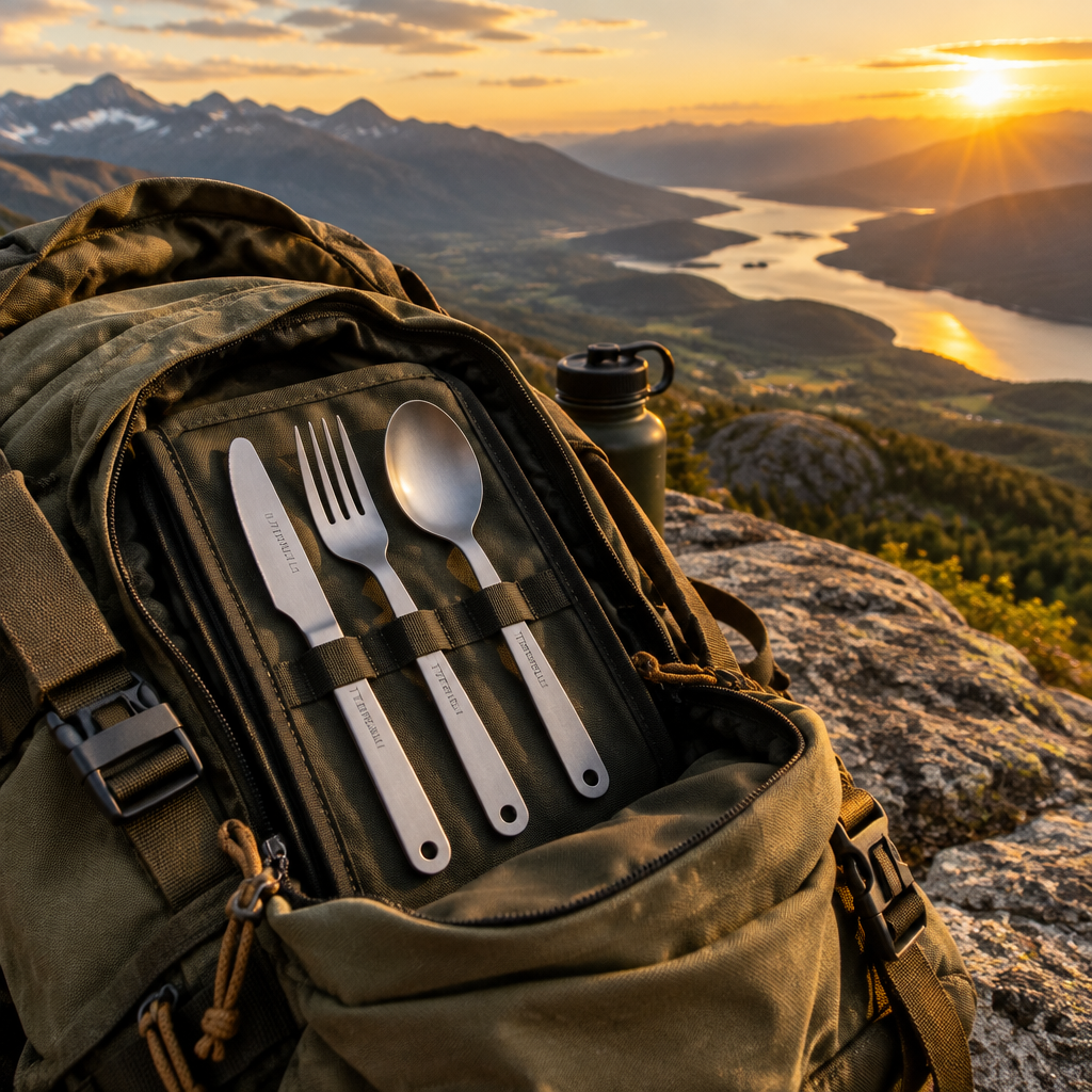 Titanium camping cutlery set inside a canvas backpack on a mountain summit with valley view