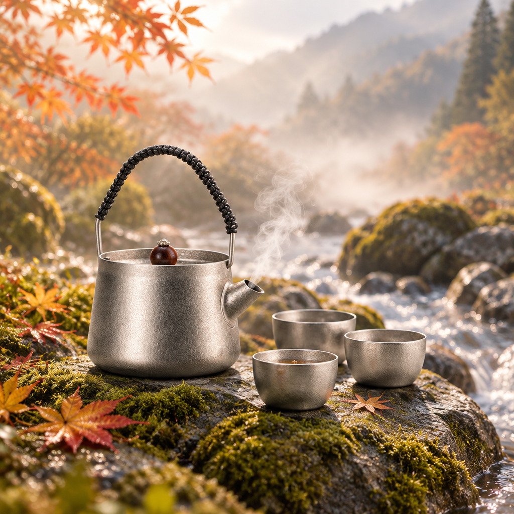 Titanium teapot with braided handle and cups beside mountain stream in autumn forest