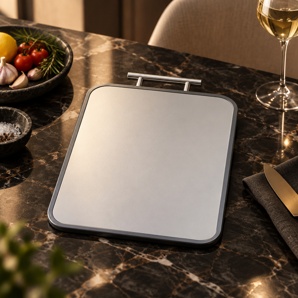 Pure titanium cutting board on luxury dark marble table – premium kitchen lifestyle shot