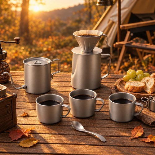 Pure titanium hand pour coffee set with drip brewer, kettle and three cups on rustic camping table in autumn
