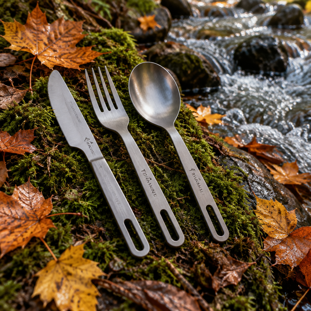 Titanium camping cutlery set on mossy forest floor beside a creek with autumn leaves