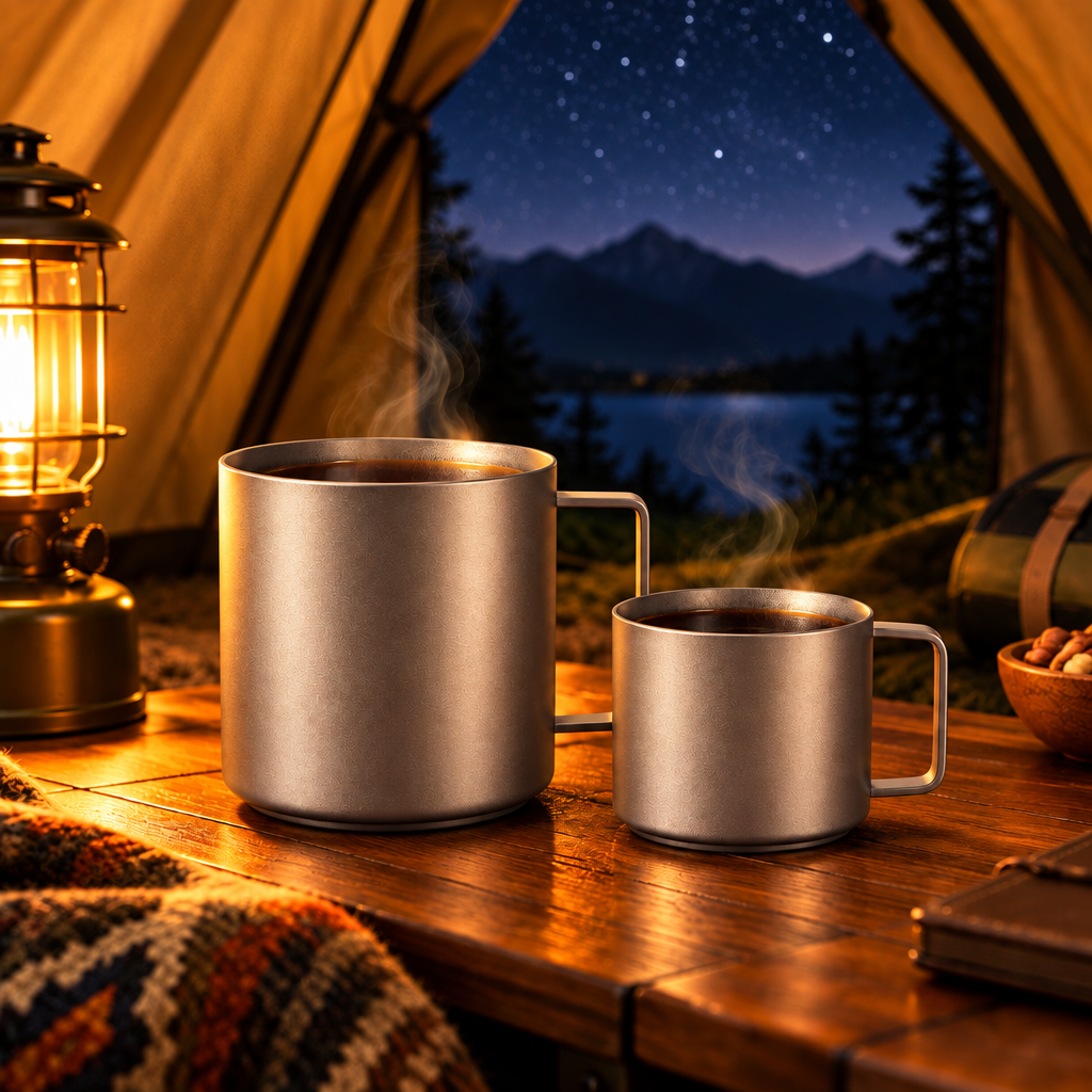 Pure titanium mugs with handles on camp table at night under starry sky