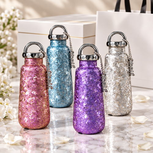 Four pure titanium cups 300ml in pink, coral blue, jasmine purple and silver with foil texture and gift box