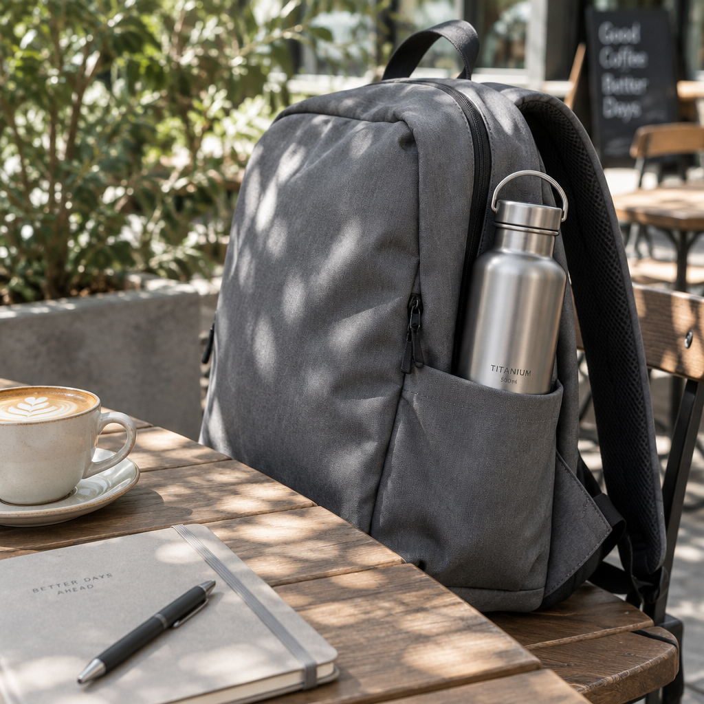 Titanium insulated bottle tucked in backpack side pocket on an outdoor cafe table