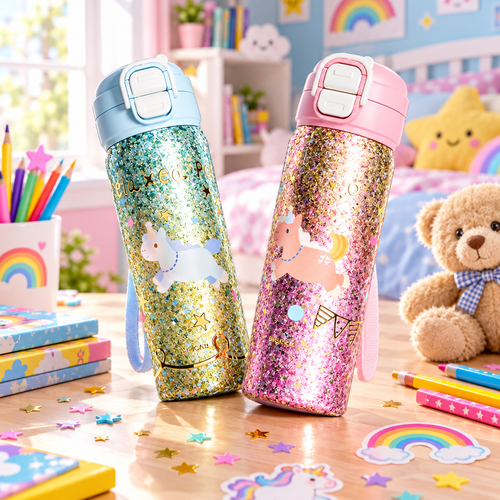 Children's titanium insulated straw cups with unicorn and pony designs on kids bedroom desk with star confetti and toys